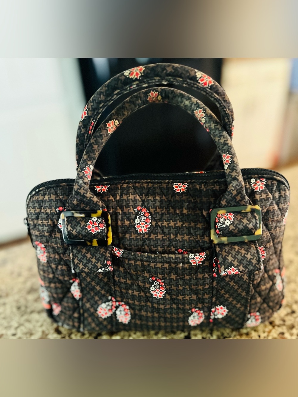 Vera Bradley Quilted Floral Tote in Black and Red Accents